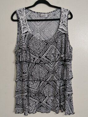 Avenue Black White Geometric Layered Tank Top Womens Size 18/20 Boho Flowy Lace